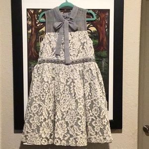 BONNIE JEAN Lil Girl Sz 6 T Grey Lace lined Party Dress Grey Beaded floral waist